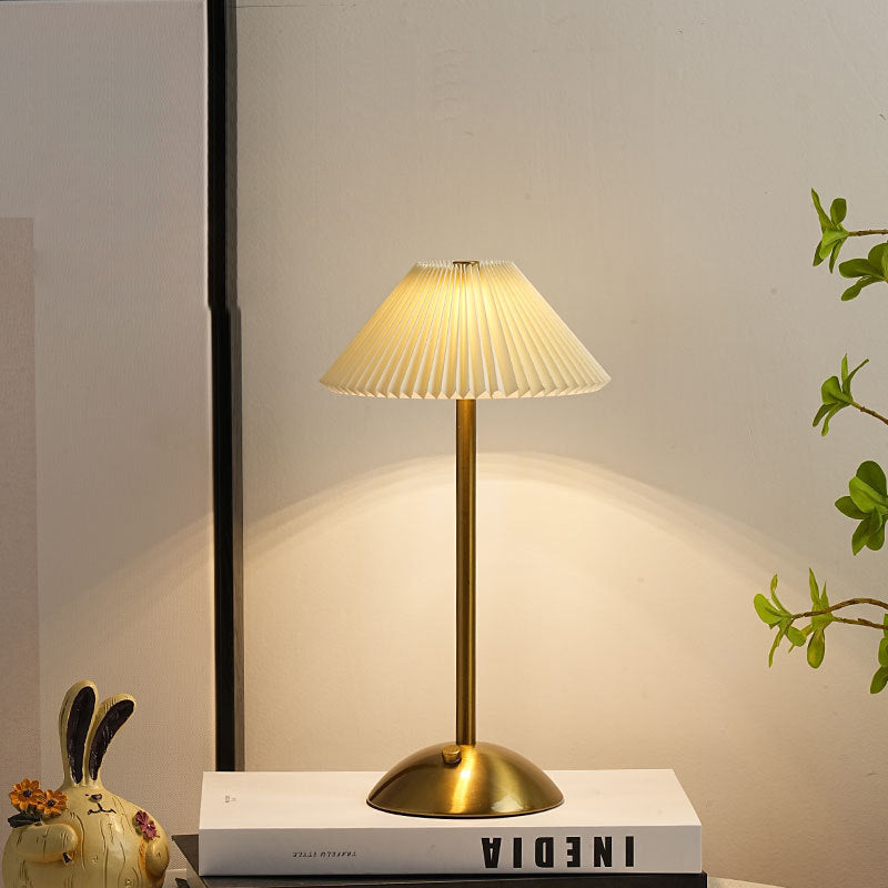 Scandinavian Rechargeable Table Lamp | Iron Fabric Conic Pleated Shade | Bedside | Modern | Lologe