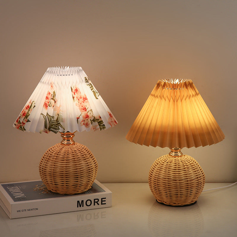 Nordic Rattan Table Lamp | Bedroom | Pleated Fabric Shade | LED | Modern Contemporary Design | Lologe
