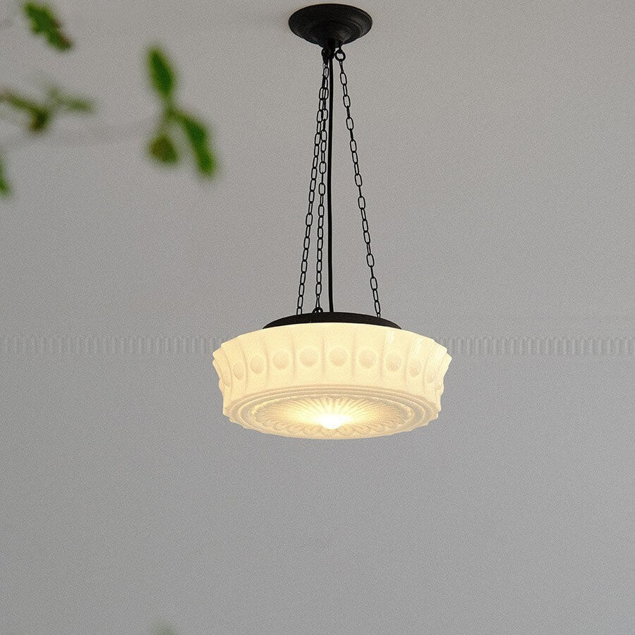 Vintage Glass Semi Flush Mount Ceiling Light | White Drum Shade | Lologe