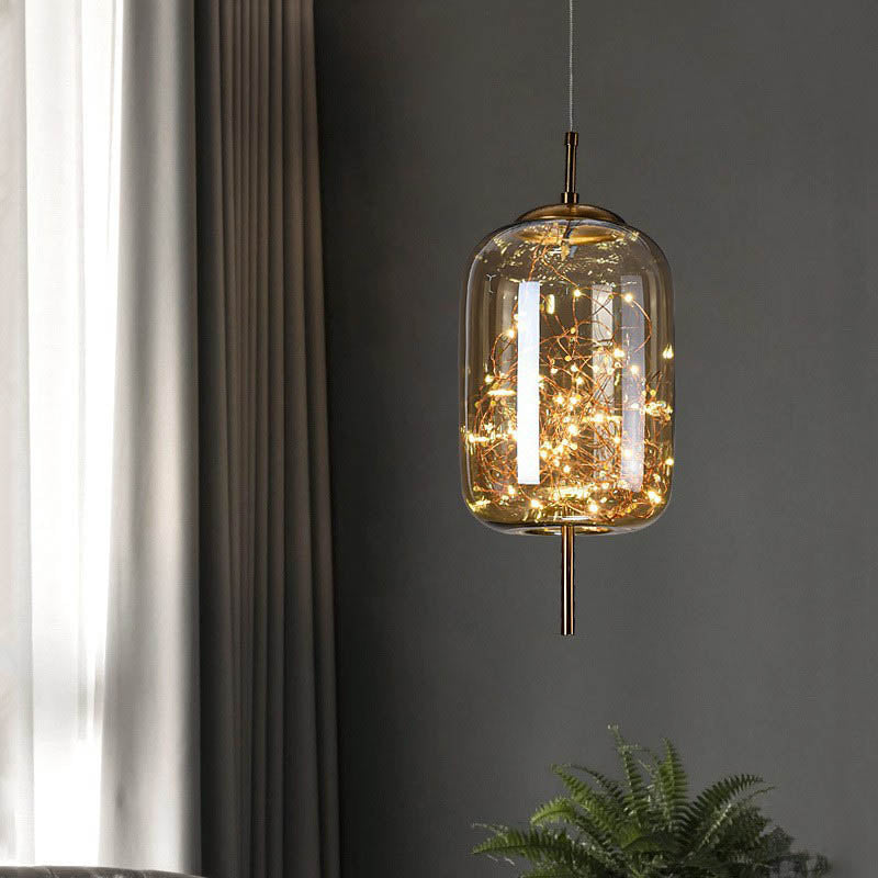 Glass Pendant Light for Bedroom | Scandinavian Cylinder Oval Amber Glass | Lologe