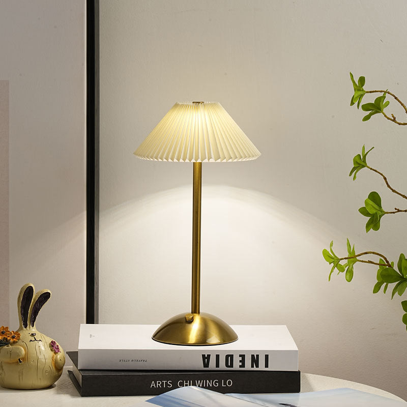 Scandinavian Rechargeable Table Lamp | Iron Fabric Conic Pleated Shade | Bedside | Modern | Lologe
