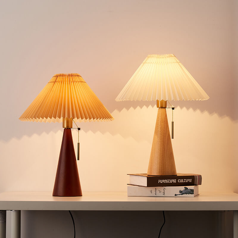 Japanese Pleated Fabric Table Lamp | Wooden Base Minimalist LED Lighting | Lologe