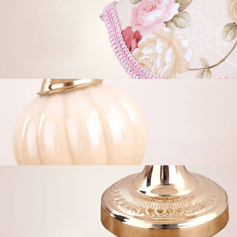 Nordic Vintage Floral Table Lamp | Glass Fabric Shade | Elegant Bedroom Bedside Decor | Lologe