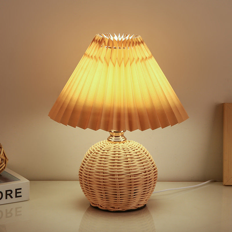 Nordic Rattan Table Lamp | Bedroom | Pleated Fabric Shade | LED | Modern Contemporary Design | Lologe