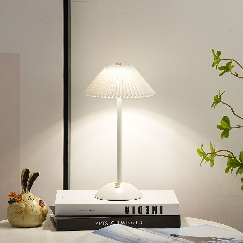 Scandinavian Rechargeable Table Lamp | Iron Fabric Conic Pleated Shade | Bedside | Modern | Lologe