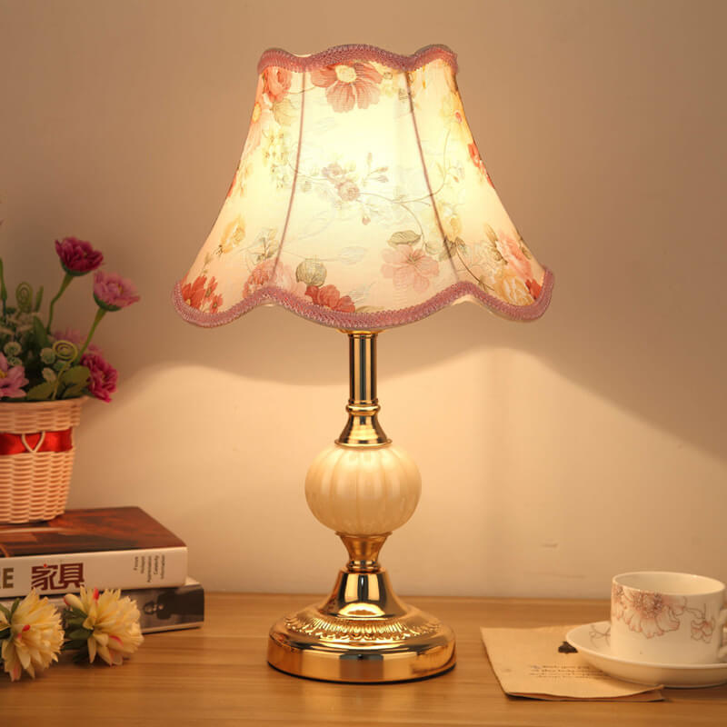 Nordic Vintage Floral Table Lamp | Glass Fabric Shade | Elegant Bedroom Bedside Decor | Lologe