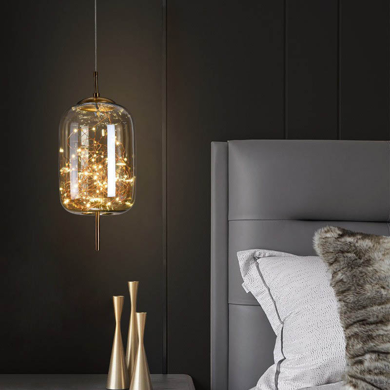 Glass Pendant Light for Bedroom | Scandinavian Cylinder Oval Amber Glass | Lologe