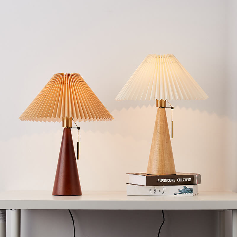 Japanese Pleated Fabric Table Lamp | Wooden Base Minimalist LED Lighting | Lologe