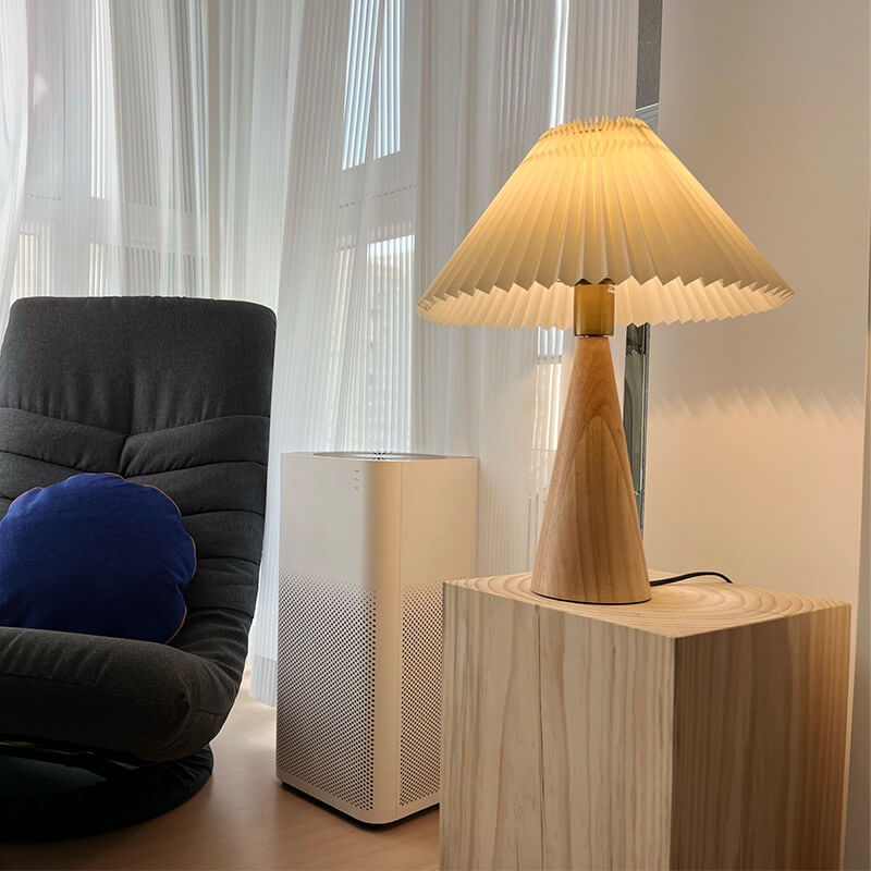 Japanese Pleated Fabric Table Lamp | Wooden Base Minimalist LED Lighting | Lologe
