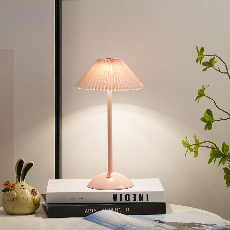 Scandinavian Rechargeable Table Lamp | Iron Fabric Conic Pleated Shade | Bedside | Modern | Lologe