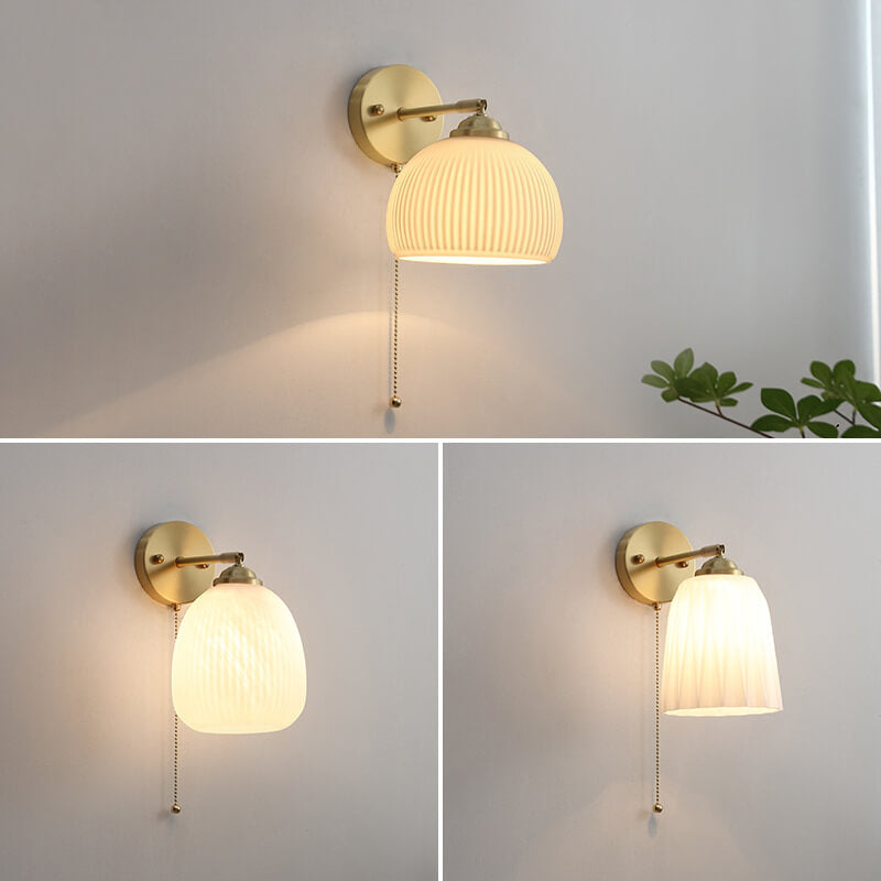 Glass Wall Sconce for Bedroom | Brass Pull Cord Light | Nordic Style | Lologe