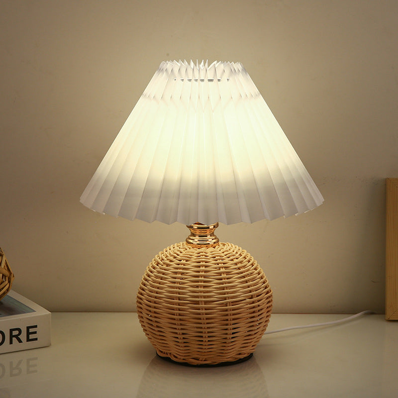Nordic Rattan Table Lamp | Bedroom | Pleated Fabric Shade | LED | Modern Contemporary Design | Lologe