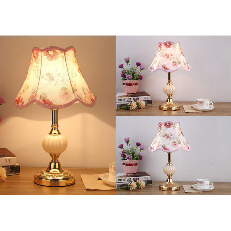 Nordic Vintage Floral Table Lamp | Glass Fabric Shade | Elegant Bedroom Bedside Decor | Lologe