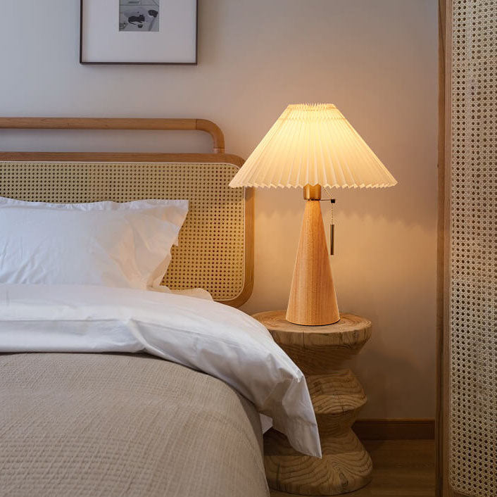 Japanese Pleated Fabric Table Lamp | Wooden Base Minimalist LED Lighting | Lologe