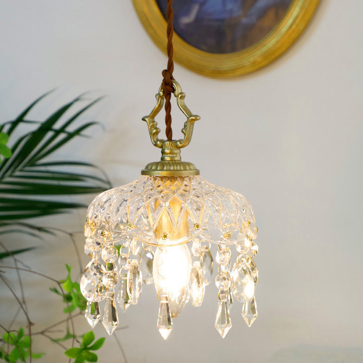 Crystal Pendant Light | Dining Room | Vintage Floral Glass Shade | Gold Finish | Lologe