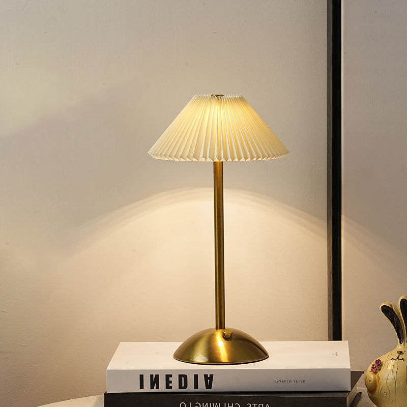 Scandinavian Rechargeable Table Lamp | Iron Fabric Conic Pleated Shade | Bedside | Modern | Lologe