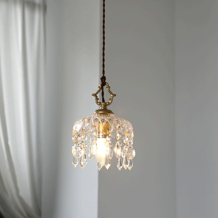 Crystal Pendant Light | Dining Room | Vintage Floral Glass Shade | Gold Finish | Lologe