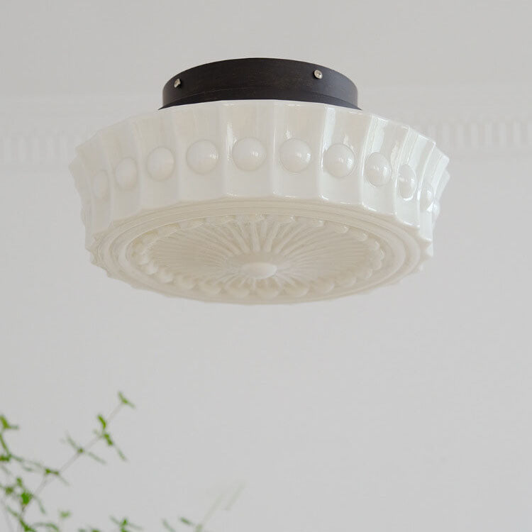 Vintage Glass Semi Flush Mount Ceiling Light | White Drum Shade | Lologe