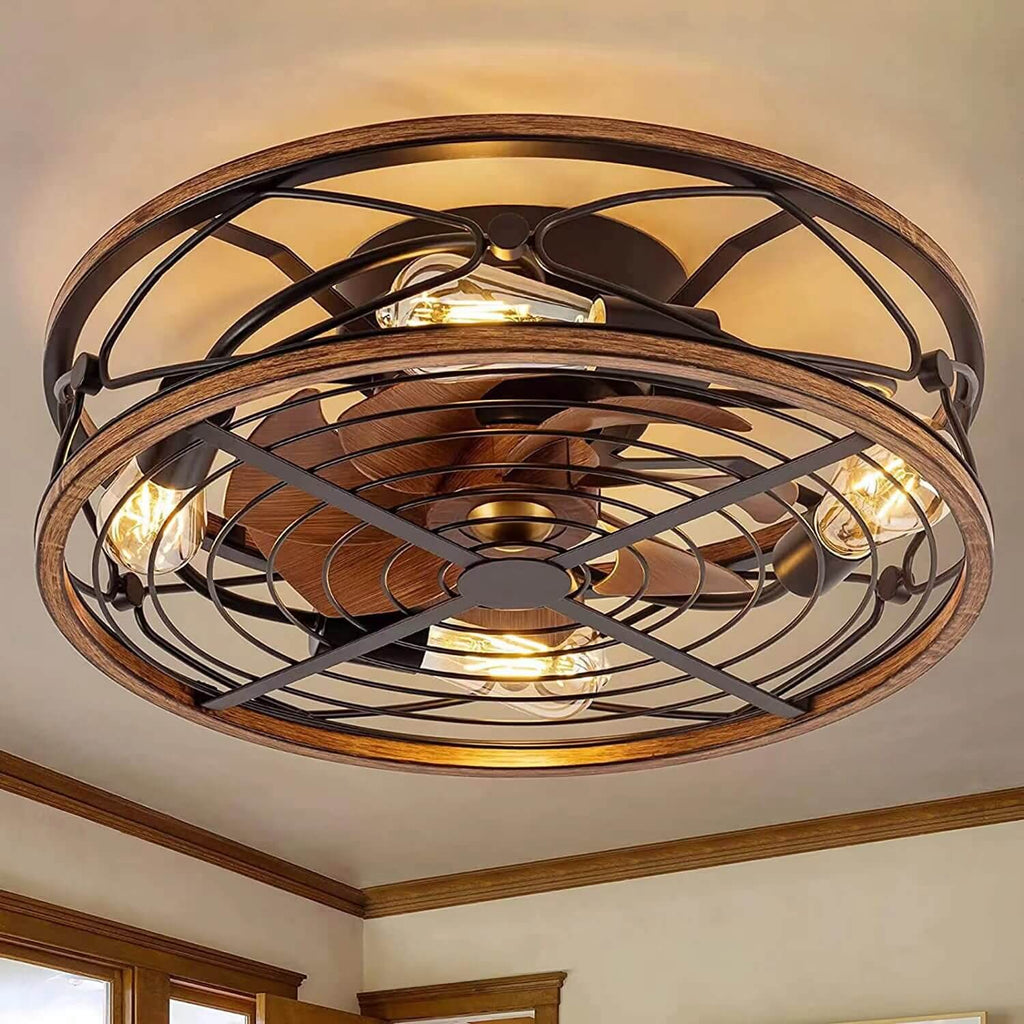 Industrial Flush Mount Ceiling Fan Light | Black Iron 4-Light | Lologe