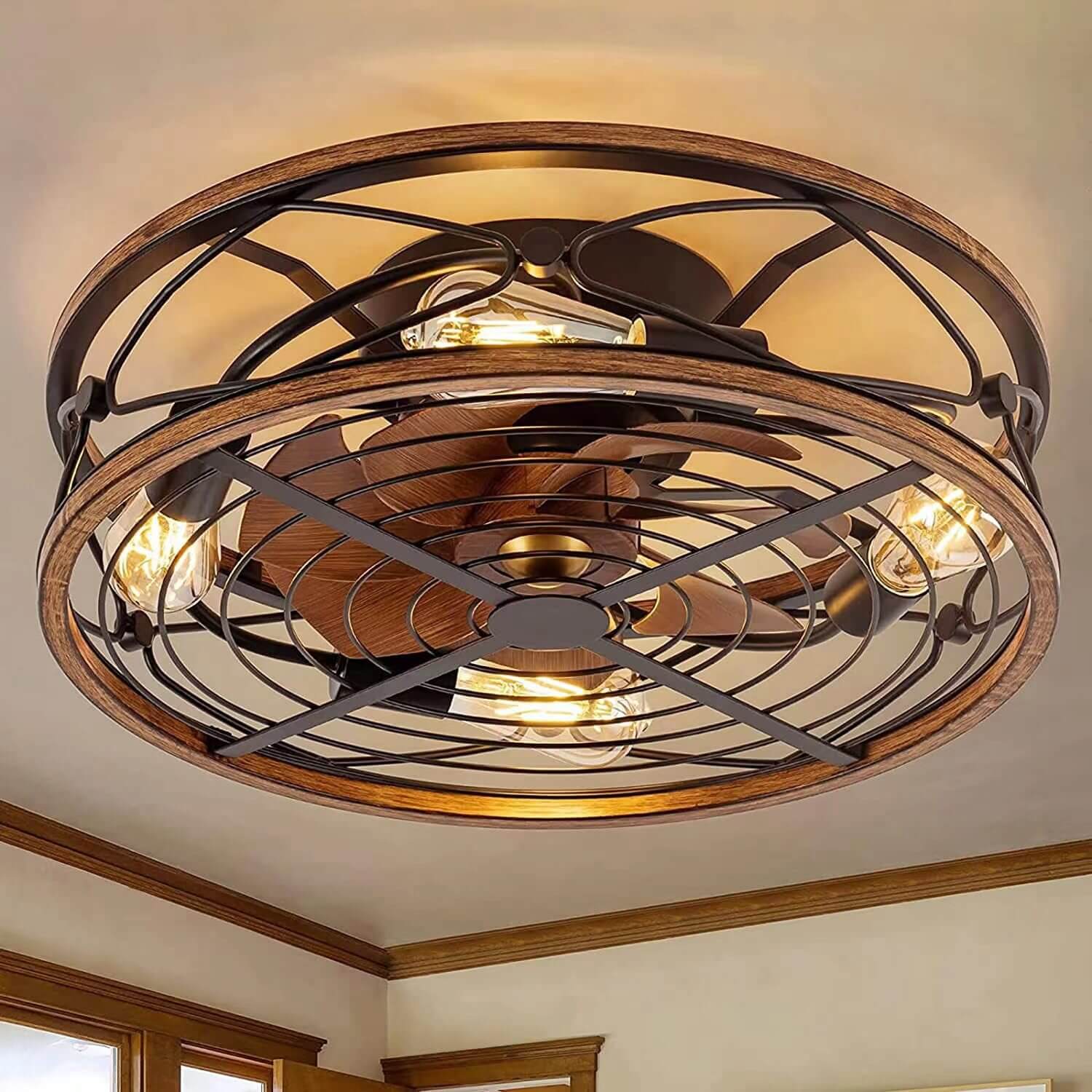 Industrial Flush Mount Ceiling Fan Light | Black Iron 4-Light | Lologe