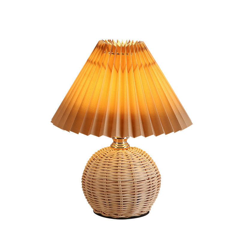 Nordic Rattan Table Lamp | Bedroom | Pleated Fabric Shade | LED | Modern Contemporary Design | Lologe