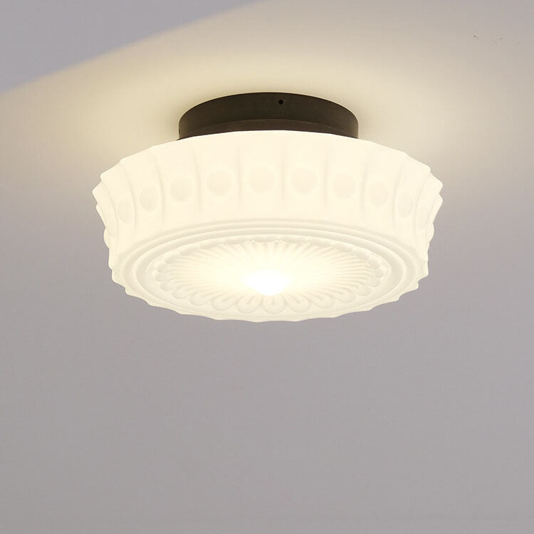 Vintage Glass Semi Flush Mount Ceiling Light | White Drum Shade | Lologe