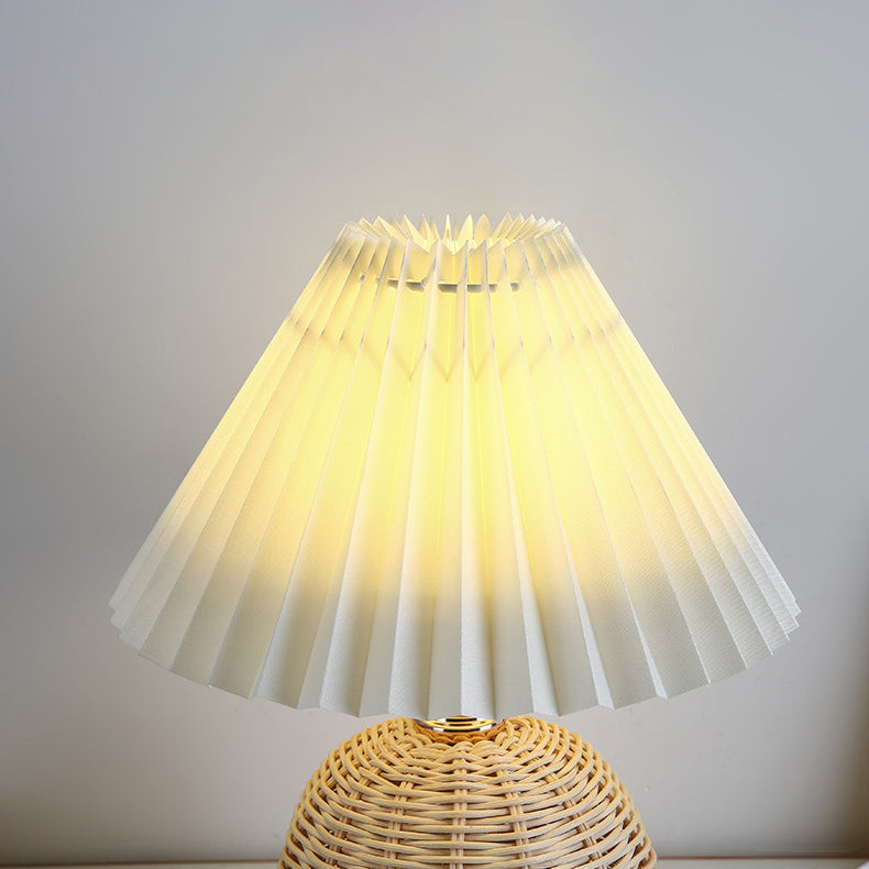 Nordic Rattan Table Lamp | Bedroom | Pleated Fabric Shade | LED | Modern Contemporary Design | Lologe