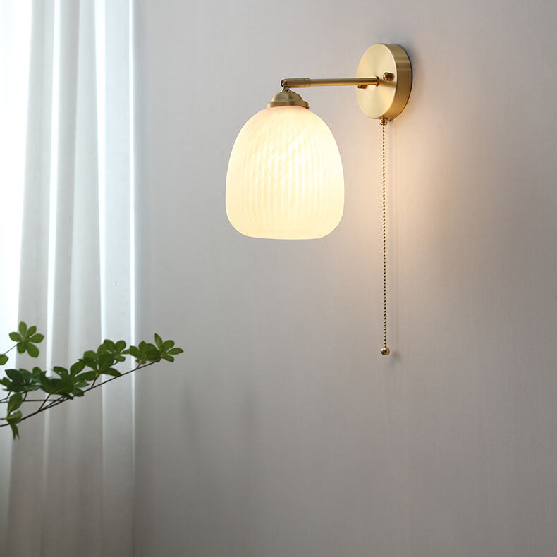 Glass Wall Sconce for Bedroom | Brass Pull Cord Light | Nordic Style | Lologe