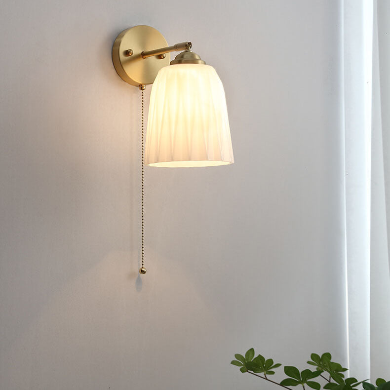 Glass Wall Sconce for Bedroom | Brass Pull Cord Light | Nordic Style | Lologe