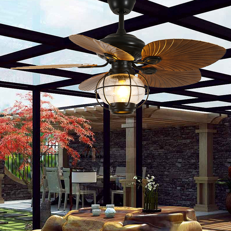 Rustic Ceiling Fan Light | Banana Leaf Blades & Glass Shade | Lologe
