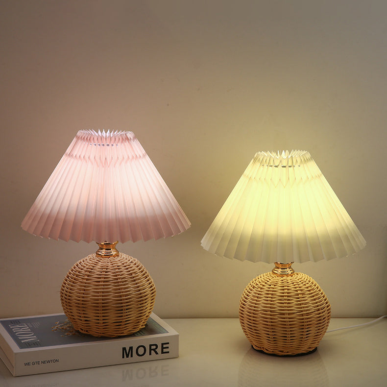 Nordic Rattan Table Lamp | Bedroom | Pleated Fabric Shade | LED | Modern Contemporary Design | Lologe