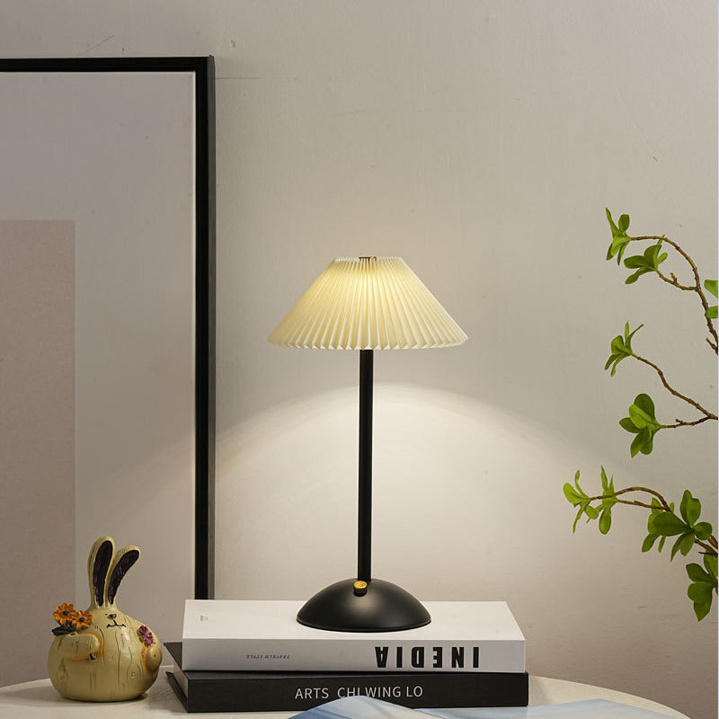 Scandinavian Rechargeable Table Lamp | Iron Fabric Conic Pleated Shade | Bedside | Modern | Lologe