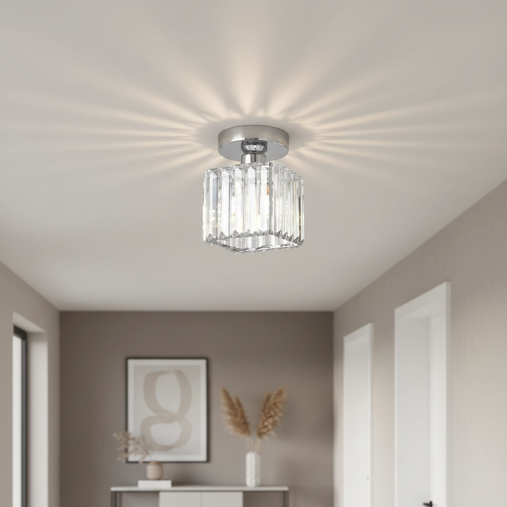 Crystal Silver Ceiling Light | Hallway | Flush Mount | Crystal Shade | Modern Glam Style | Round | Lologe