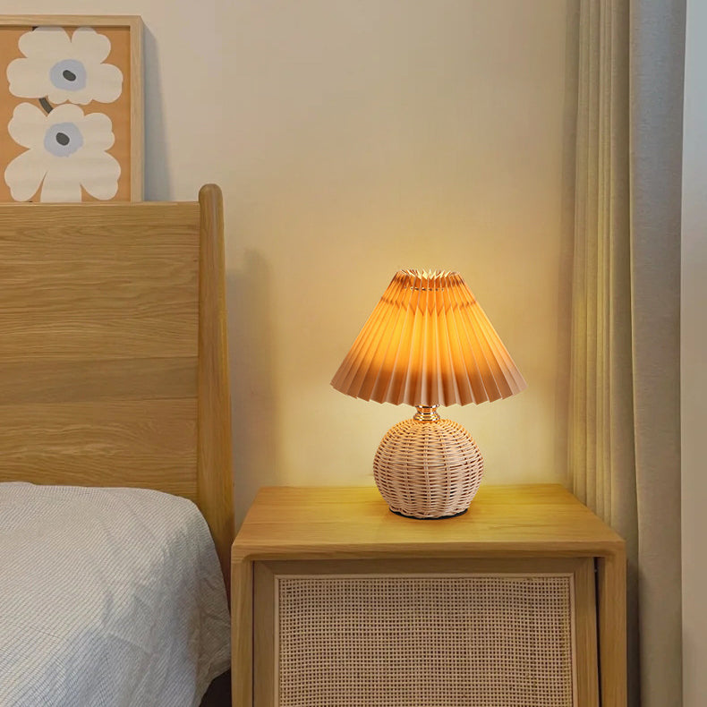 Nordic Rattan Table Lamp | Bedroom | Pleated Fabric Shade | LED | Modern Contemporary Design | Lologe