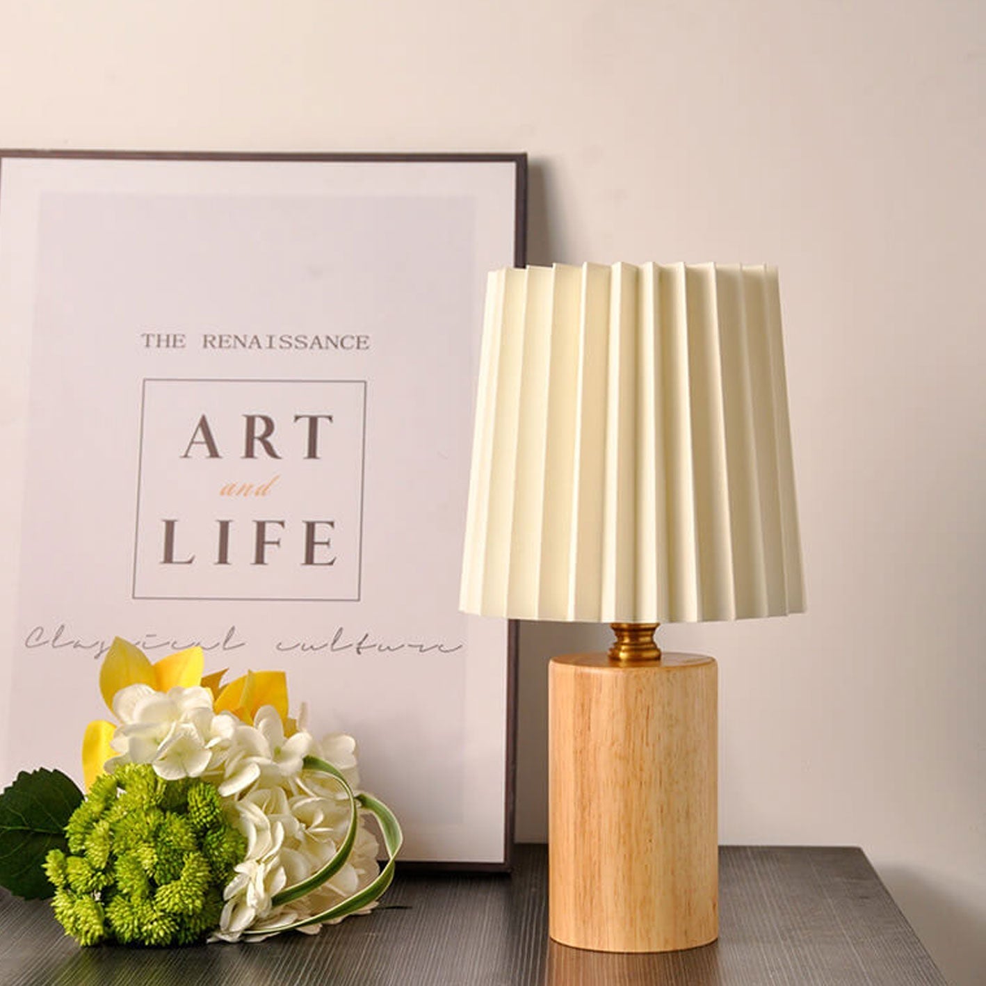 Table Lamp for Bedroom & Living Room | Pleated Shade Solid Wood Base Modern Lighting | Lologe