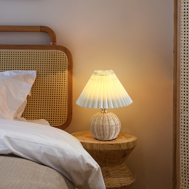 Nordic Rattan Table Lamp | Bedroom | Pleated Fabric Shade | LED | Modern Contemporary Design | Lologe