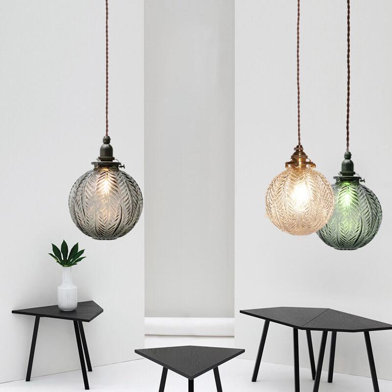 Retro Lotus Texture GlasGlass Globe Pendant Light | Dining Room Textured Lotus Glass Vintage Style | Lologes 1-Light Globe Pendant Light
