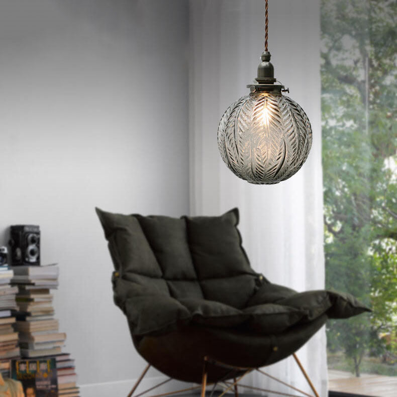 Retro Lotus Texture GlasGlass Globe Pendant Light | Dining Room Textured Lotus Glass Vintage Style | Lologes 1-Light Globe Pendant Light