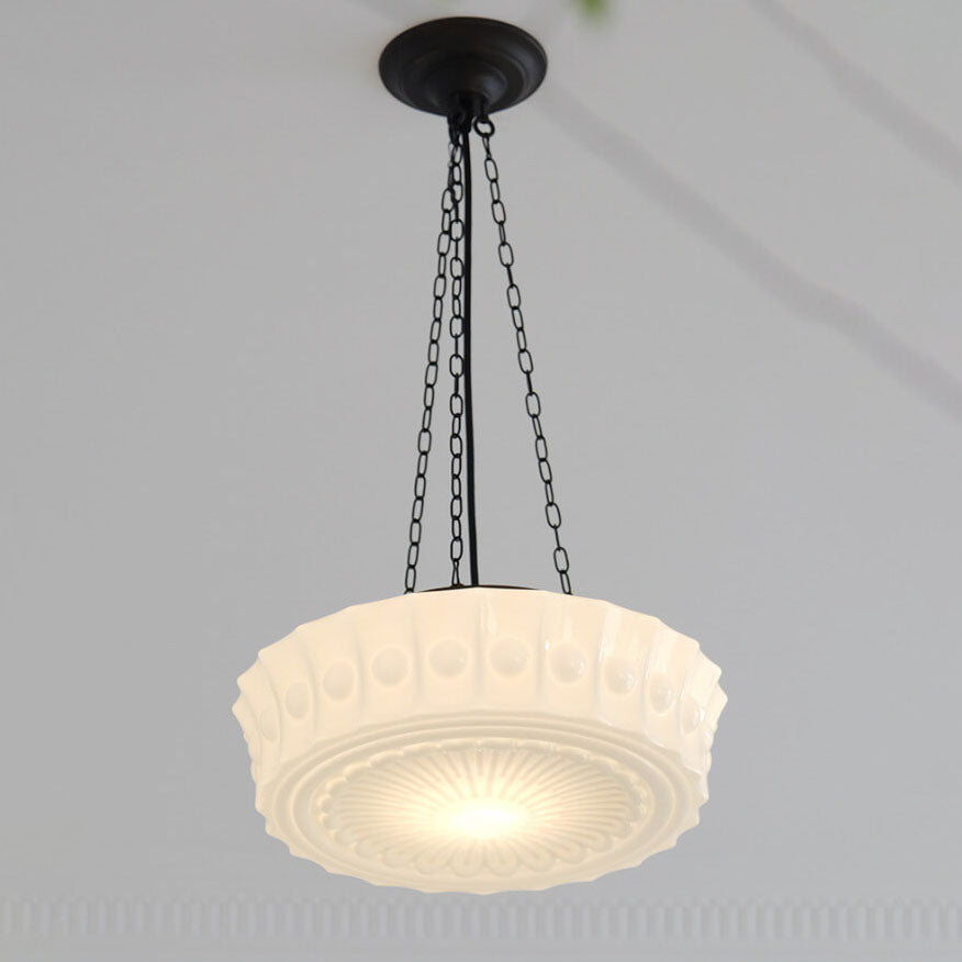 Vintage Glass Semi Flush Mount Ceiling Light | White Drum Shade | Lologe