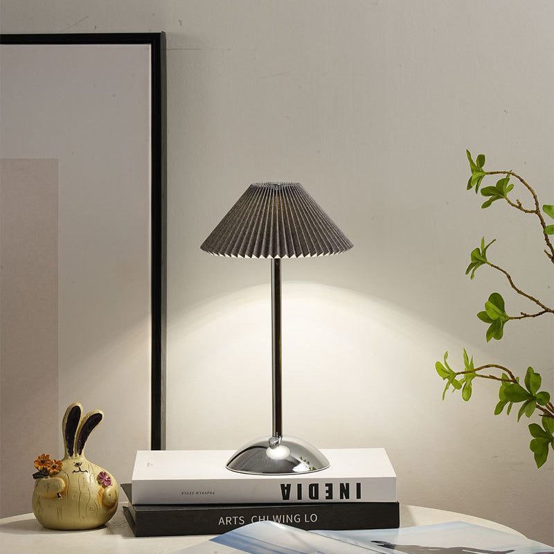 Scandinavian Rechargeable Table Lamp | Iron Fabric Conic Pleated Shade | Bedside | Modern | Lologe