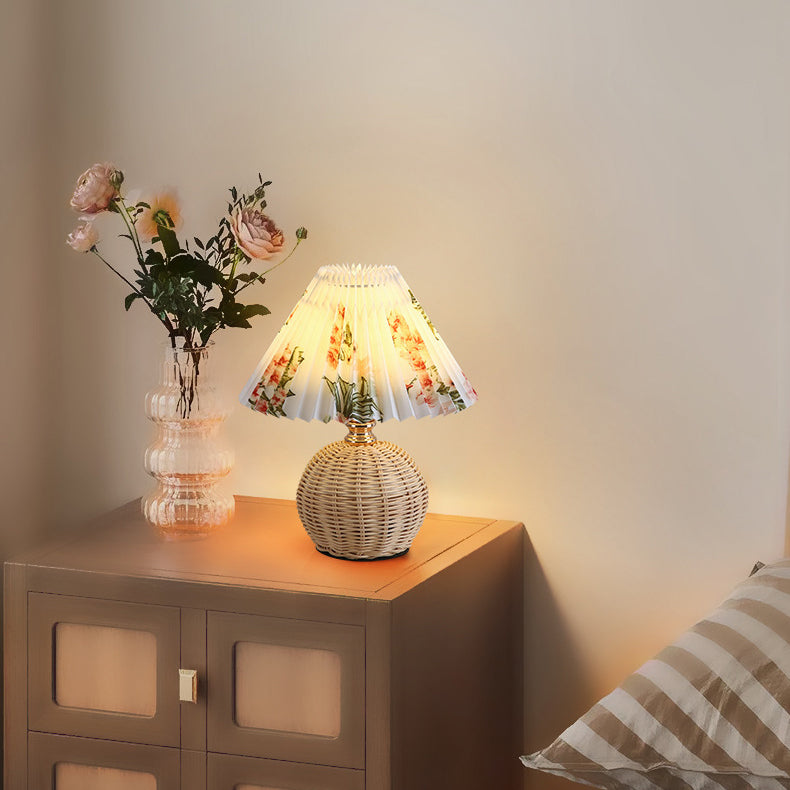 Nordic Rattan Table Lamp | Bedroom | Pleated Fabric Shade | LED | Modern Contemporary Design | Lologe