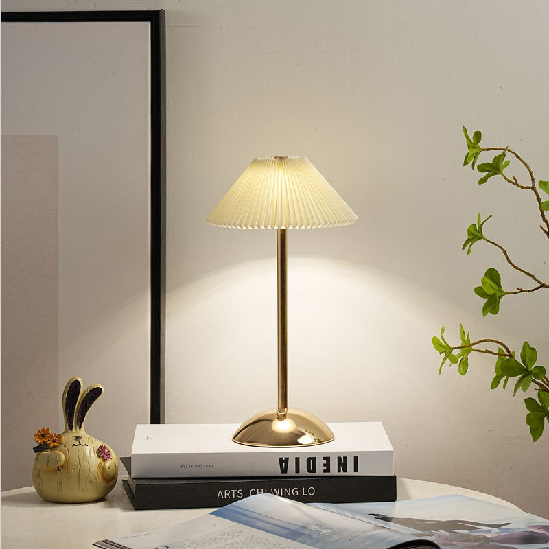 Scandinavian Rechargeable Table Lamp | Iron Fabric Conic Pleated Shade | Bedside | Modern | Lologe