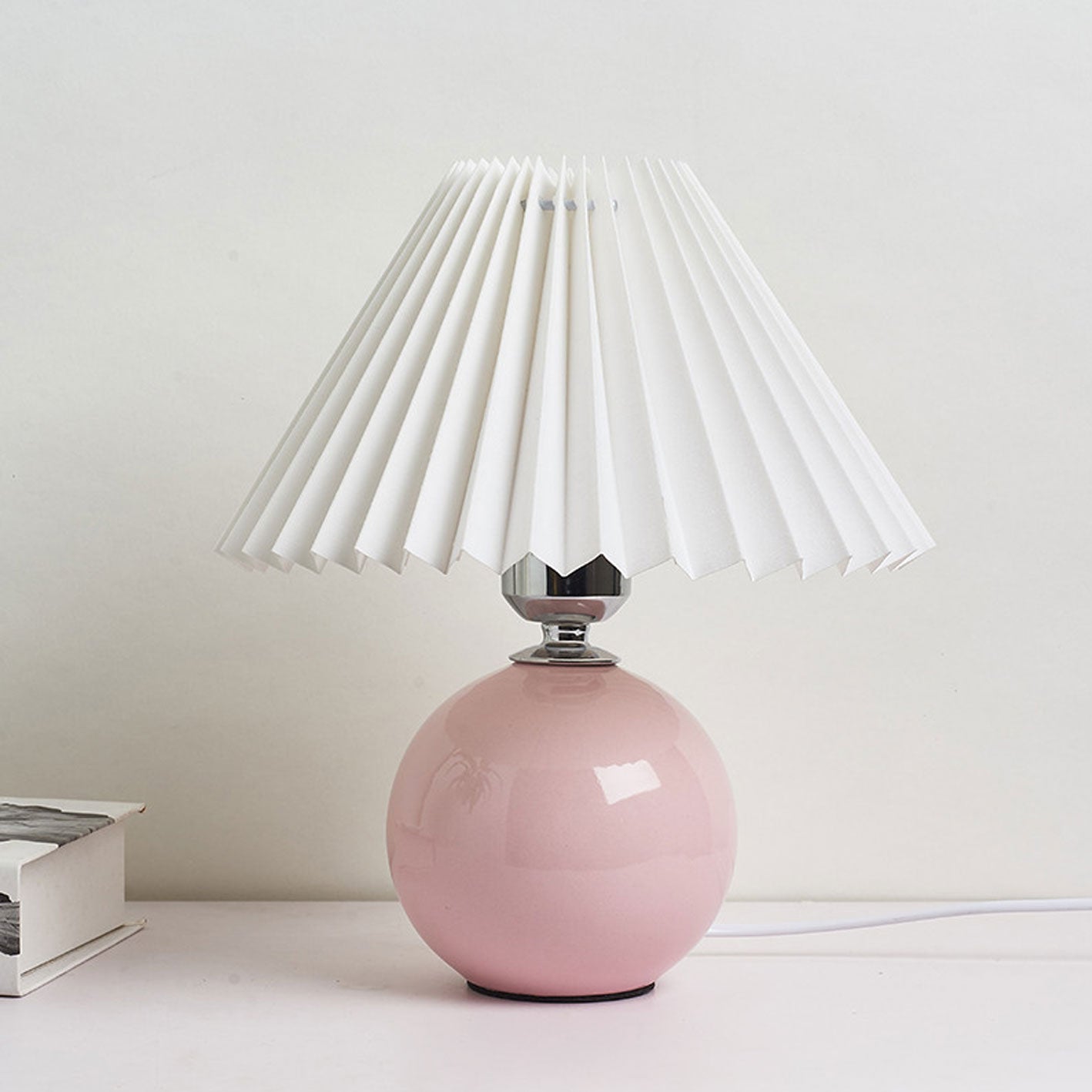 Table Lamp Bedroom Ceramic Pleated Shade | Minimalist Design | Lologe
