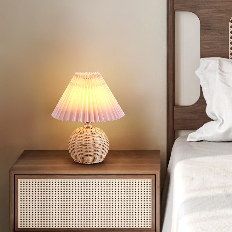 Nordic Rattan Table Lamp | Bedroom | Pleated Fabric Shade | LED | Modern Contemporary Design | Lologe