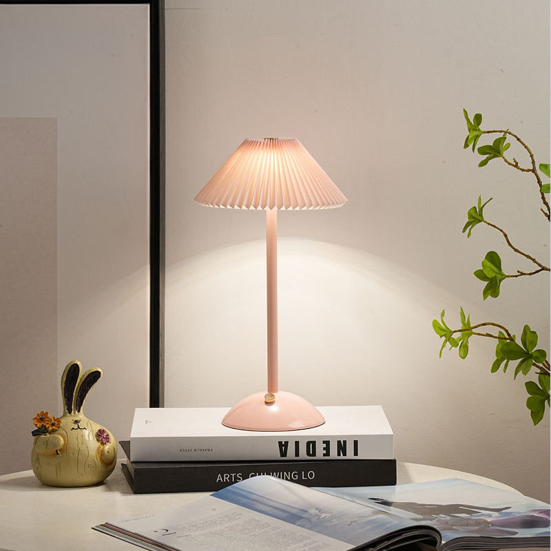 Scandinavian Rechargeable Table Lamp | Iron Fabric Conic Pleated Shade | Bedside | Modern | Lologe