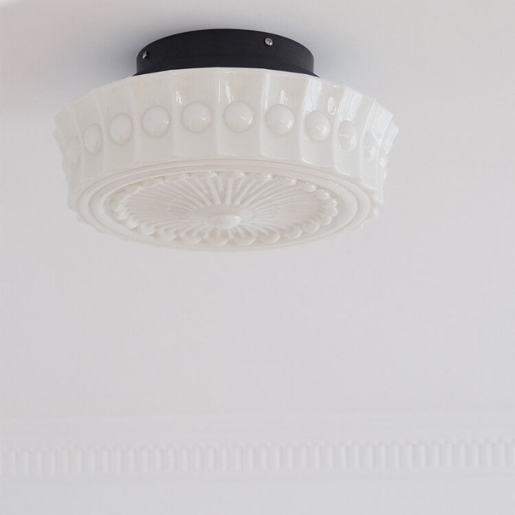 Vintage Glass Semi Flush Mount Ceiling Light | White Drum Shade | Lologe