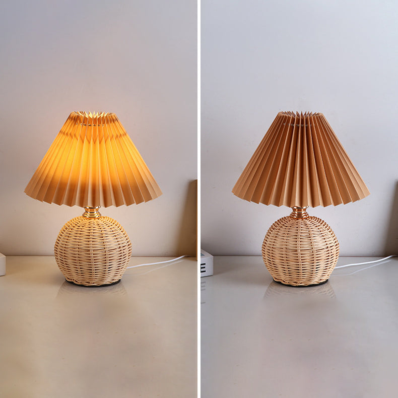 Nordic Rattan Table Lamp | Bedroom | Pleated Fabric Shade | LED | Modern Contemporary Design | Lologe