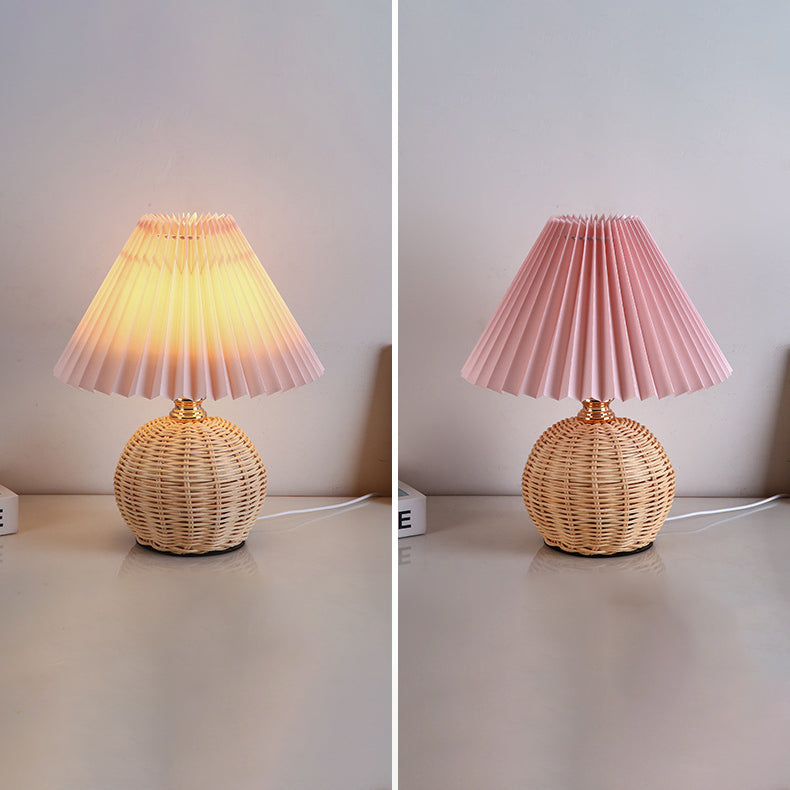 Nordic Rattan Table Lamp | Bedroom | Pleated Fabric Shade | LED | Modern Contemporary Design | Lologe