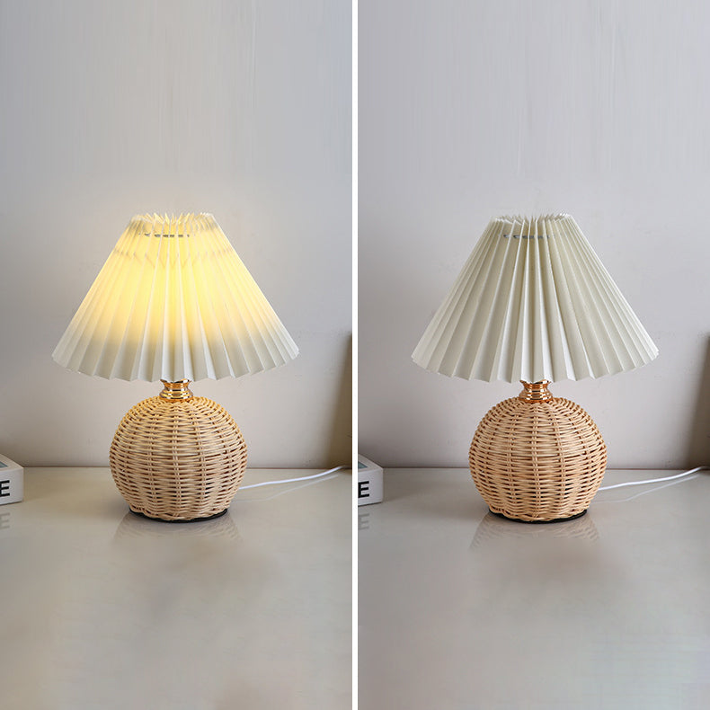 Nordic Rattan Table Lamp | Bedroom | Pleated Fabric Shade | LED | Modern Contemporary Design | Lologe