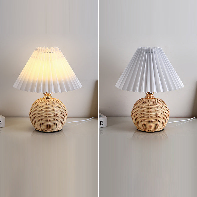 Nordic Rattan Table Lamp | Bedroom | Pleated Fabric Shade | LED | Modern Contemporary Design | Lologe
